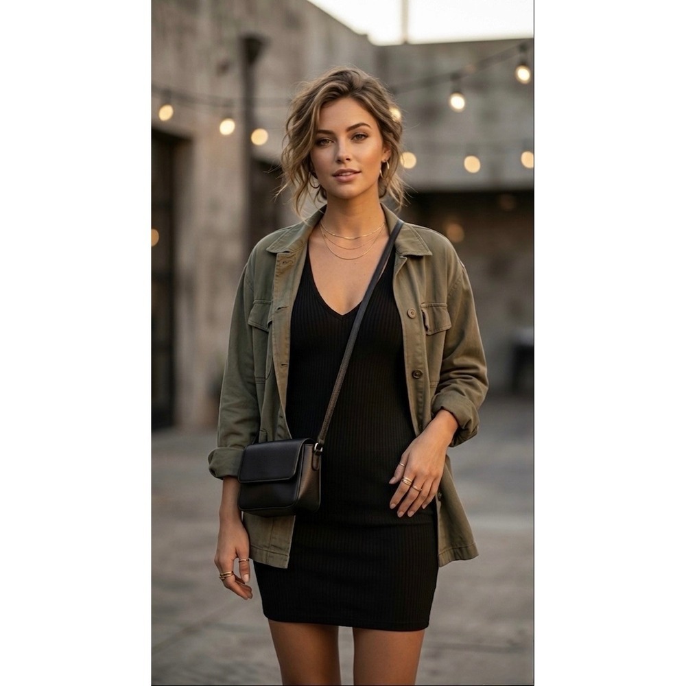 Wilfred Free Aritzia Black Ribbed V-Neck Long Sleeve Mini Dress XXS Bodycon